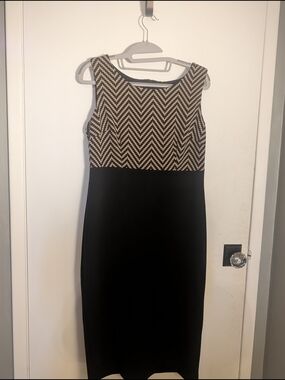 Danny & Nicole Black Midi Dress with Cream Chevron Bodice